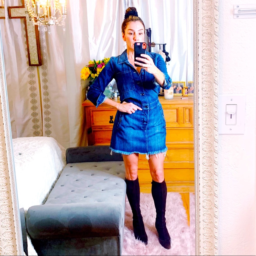 Lucky Brand dark denim distressed hem mini dress size S